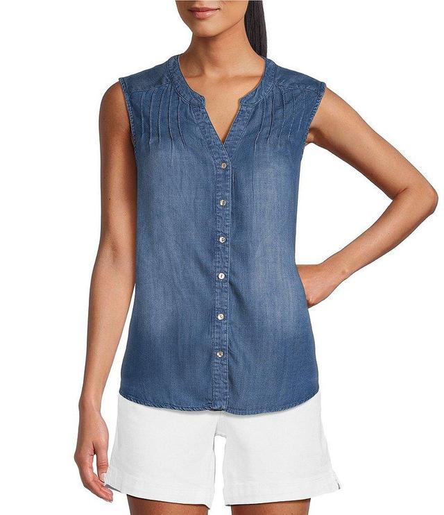 Westbound Woven V-Neck Sleeveless Curved Hem Button Front Blouse Product Image