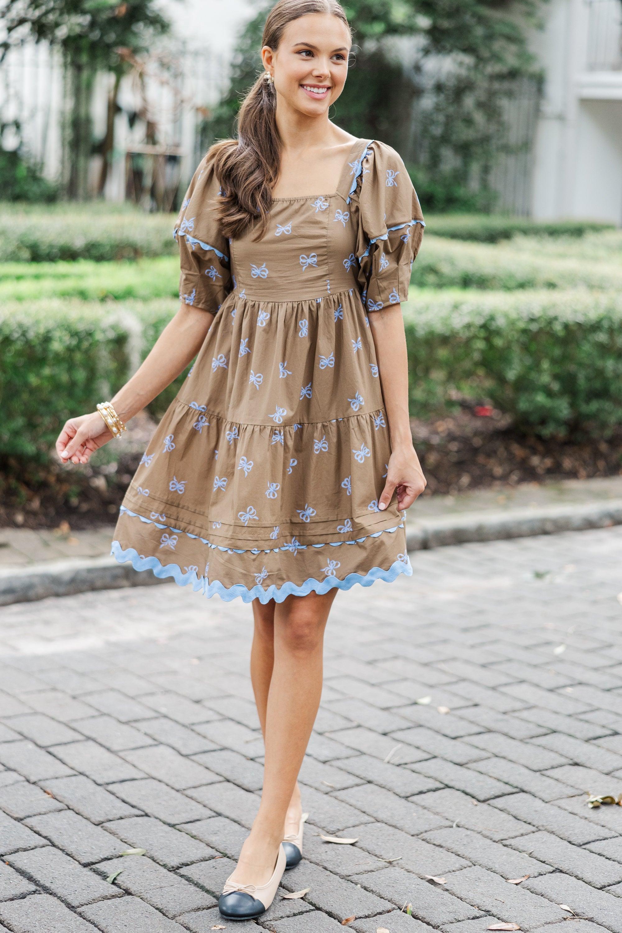 The Perfect Day Coffee Brown Bow Print Dress Female Product Image