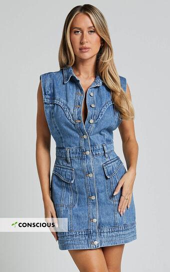 Jasse Mini Dress - Button Through Denim Dress in Mid Blue Wash Product Image