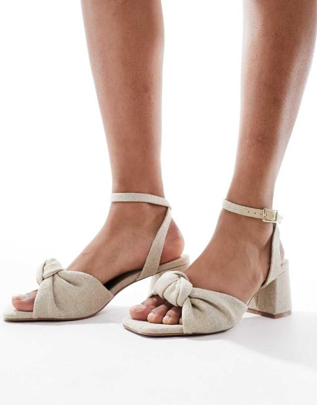 ASOS DESIGN Wide Fit Hansel knotted mid heeled sandals in natural fabrication Product Image