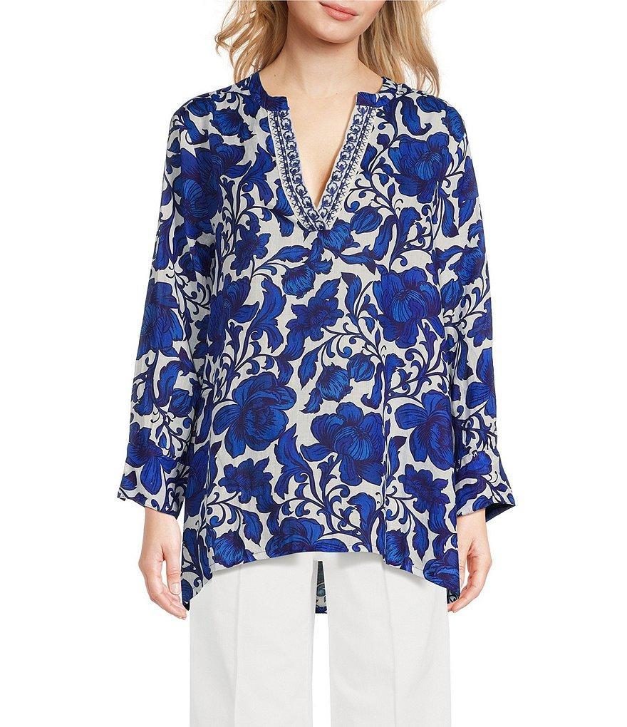 JOHNNY WAS Henley Voyager Floral Print Split V-Neck Long Sleeve Tunic Product Image