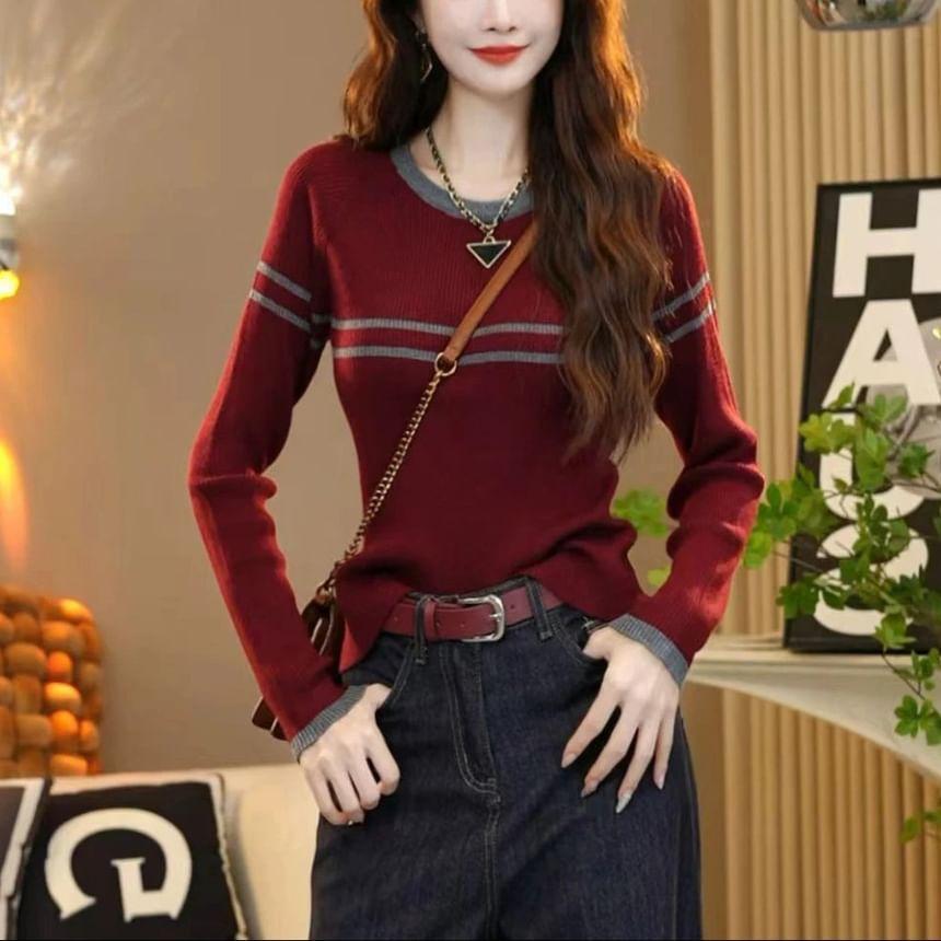 Long-Sleeve Crew Neck Striped Contrast Trim Slim Fit Knit Top Product Image