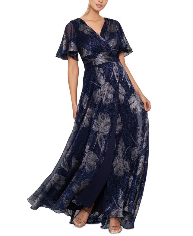 Betsy & Adam Long Flutter Sleeve Foil Print Gown (Navy/Gunmetal) Women's Clothing Product Image