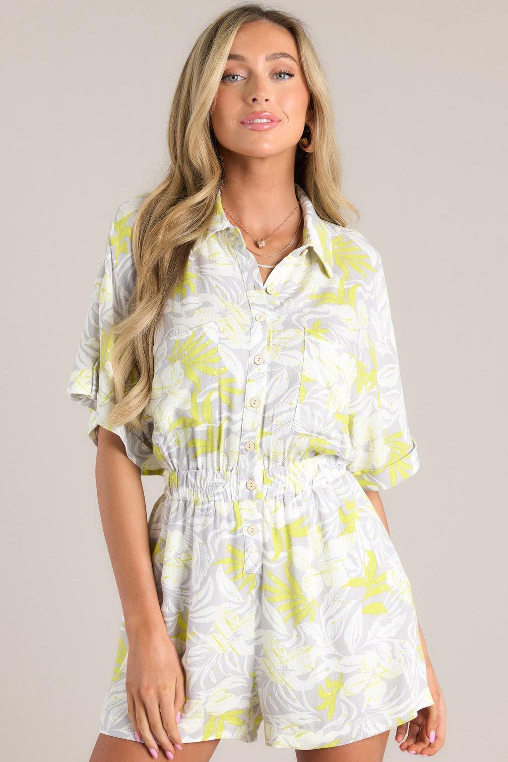 Living Fearlessly Lime Green & Grey Collared Romper Product Image