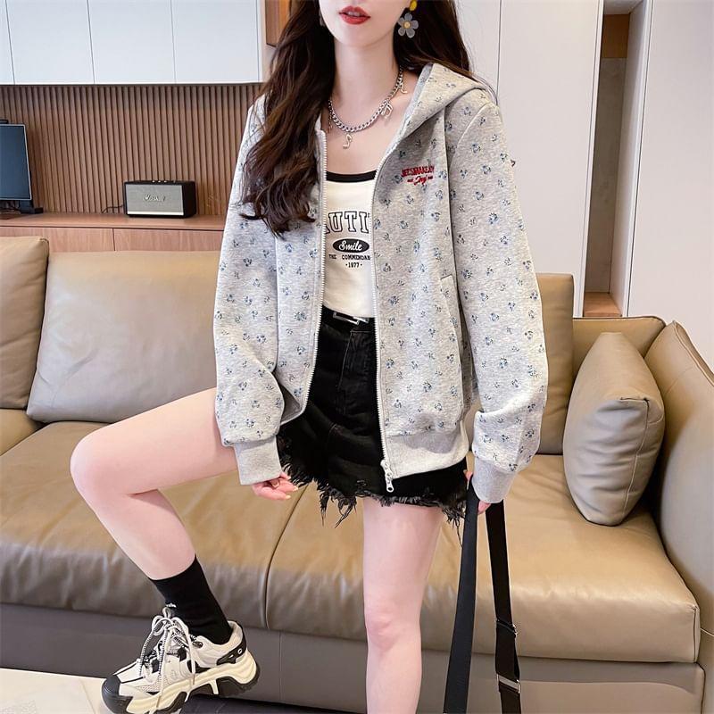 Floral Print Letter Embroidered Zip Hoodie Product Image