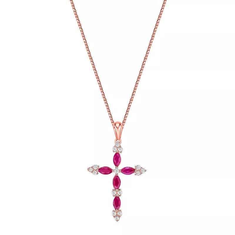 Gemminded 10k Gold Gemstone & 1/6 Carat T.W. Diamond Cross Pendant Necklace, Womens Ruby 10k Rose Gold Product Image