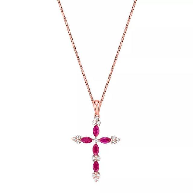 Gemminded 10k Gold Gemstone & 1/6 Carat T.W. Diamond Cross Pendant Necklace, Womens Ruby 10k Rose Gold Product Image