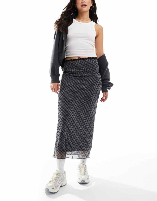 Pull&Bear lace trim mesh maxi skirt in blue check Product Image