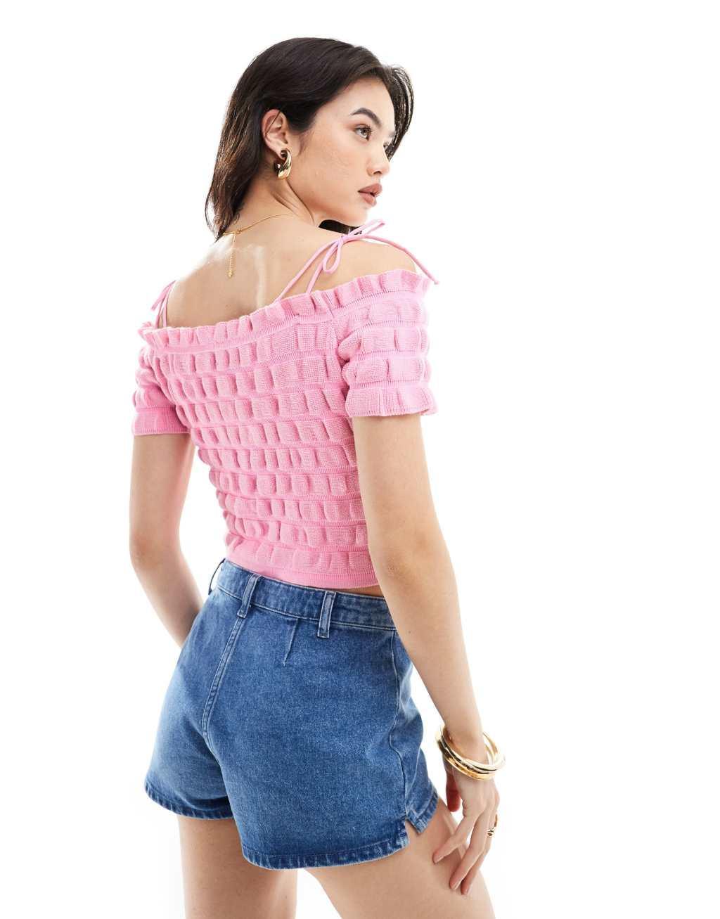 ASOS DESIGN knitted shirred bardot top with tie strap and bow detail in pink Product Image