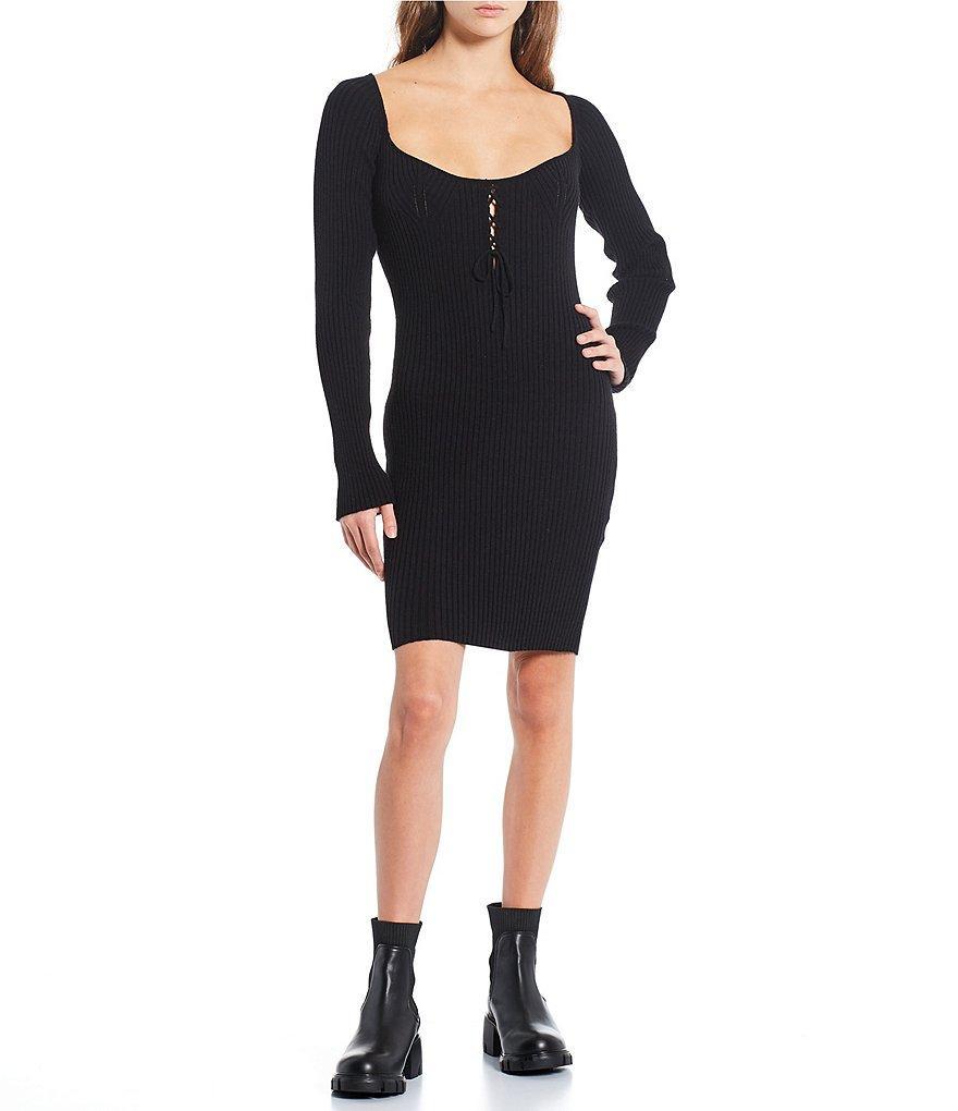 C&V Chelsea & Violet Ribbed Long Sleeve Lace-Up Front Bodycon Dress Product Image