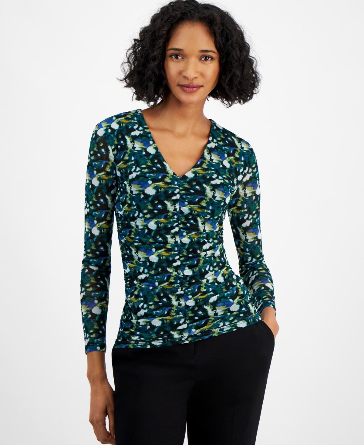 Bar Iii Womens Printed-Mesh Long-Sleeve V-Neck Top, Created for Macys Product Image