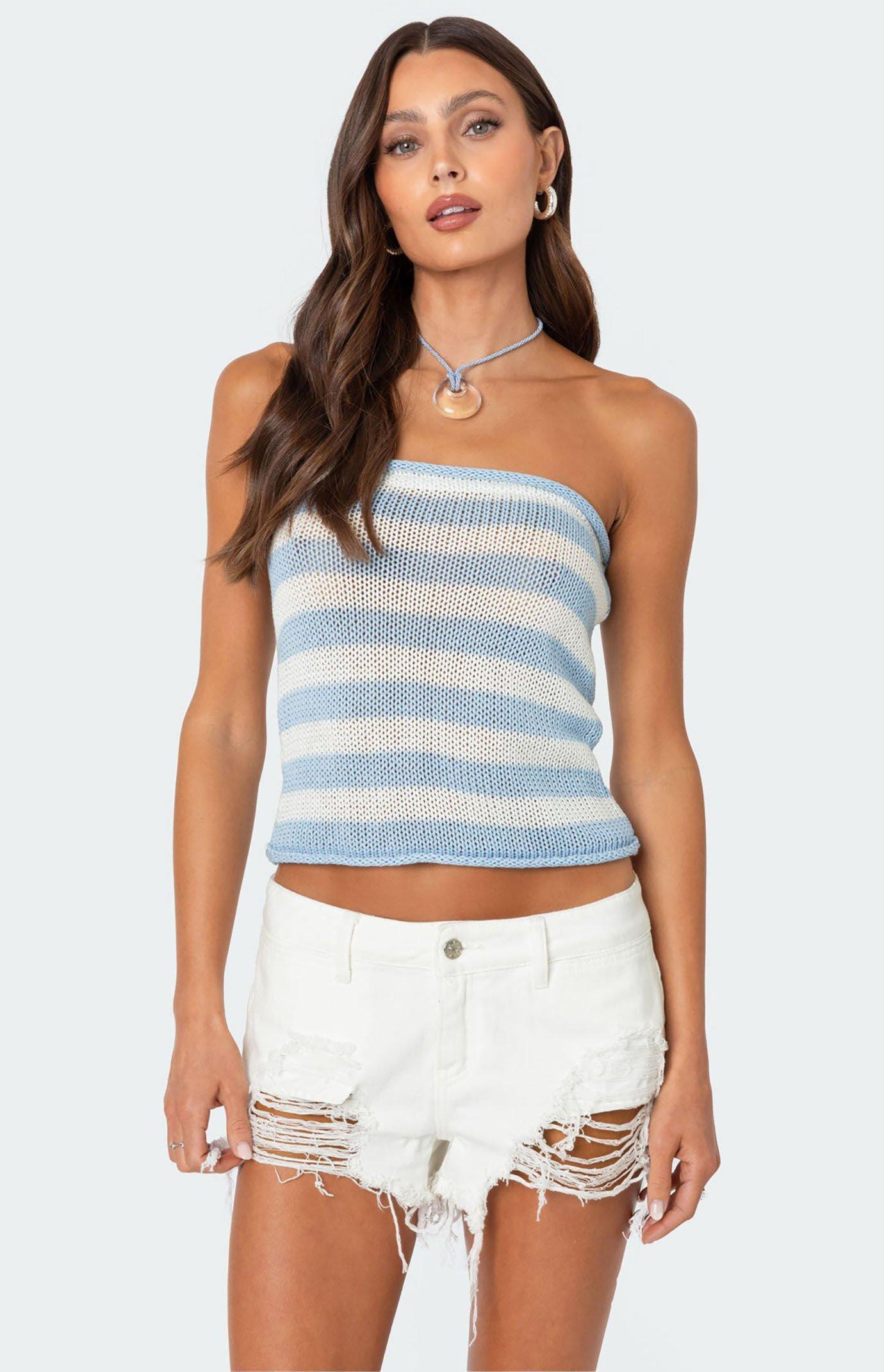 Edikted Women's Nox Striped Crochet Tube Top in Blue/White - Product Image