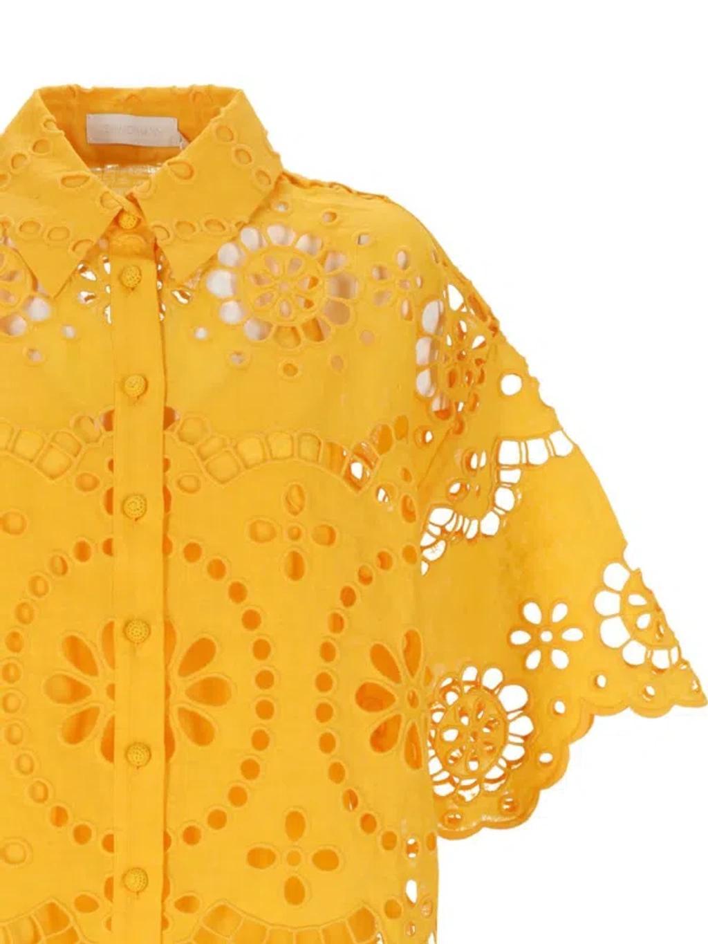 ZIMMERMANN Pop Embroidered Linen Eyelet Shirt In Yellow Product Image