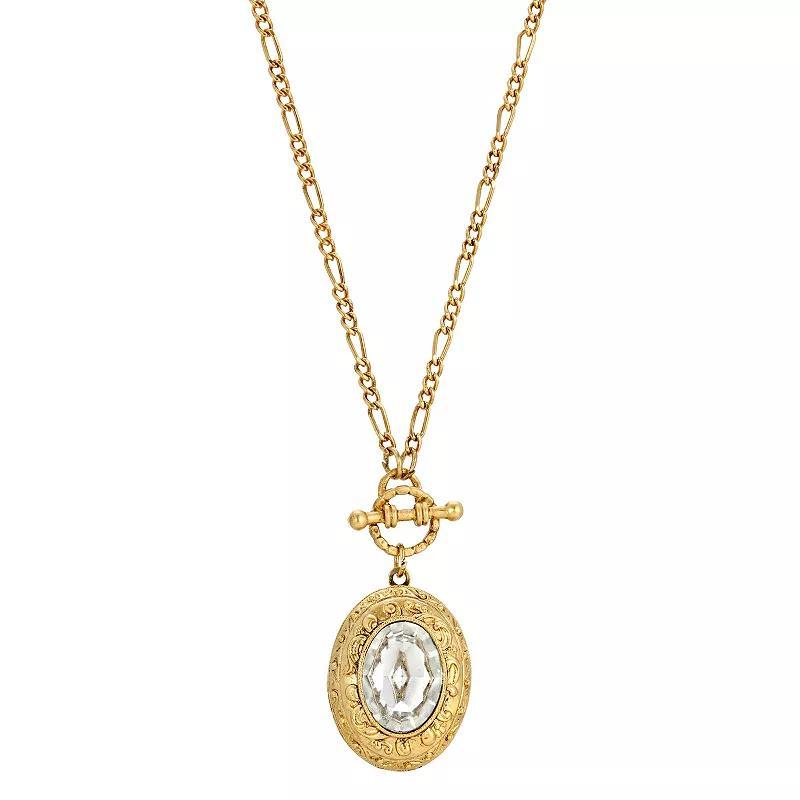 1928 Gold Tone Crystal Oval Stone Flower Locket Necklace, Womens Product Image