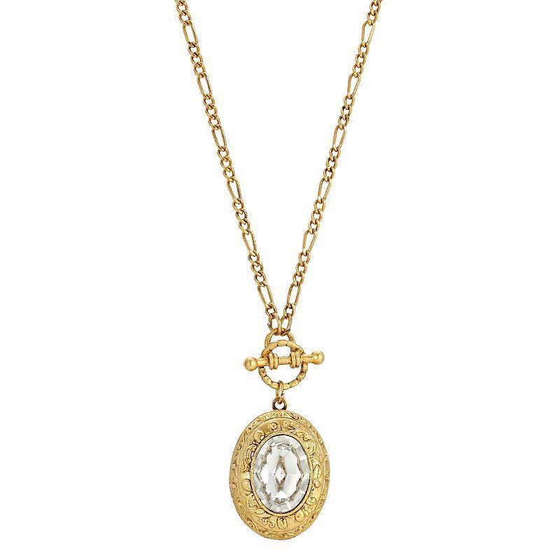 1928 Gold Tone Crystal Oval Stone Flower Locket Necklace, Womens Product Image