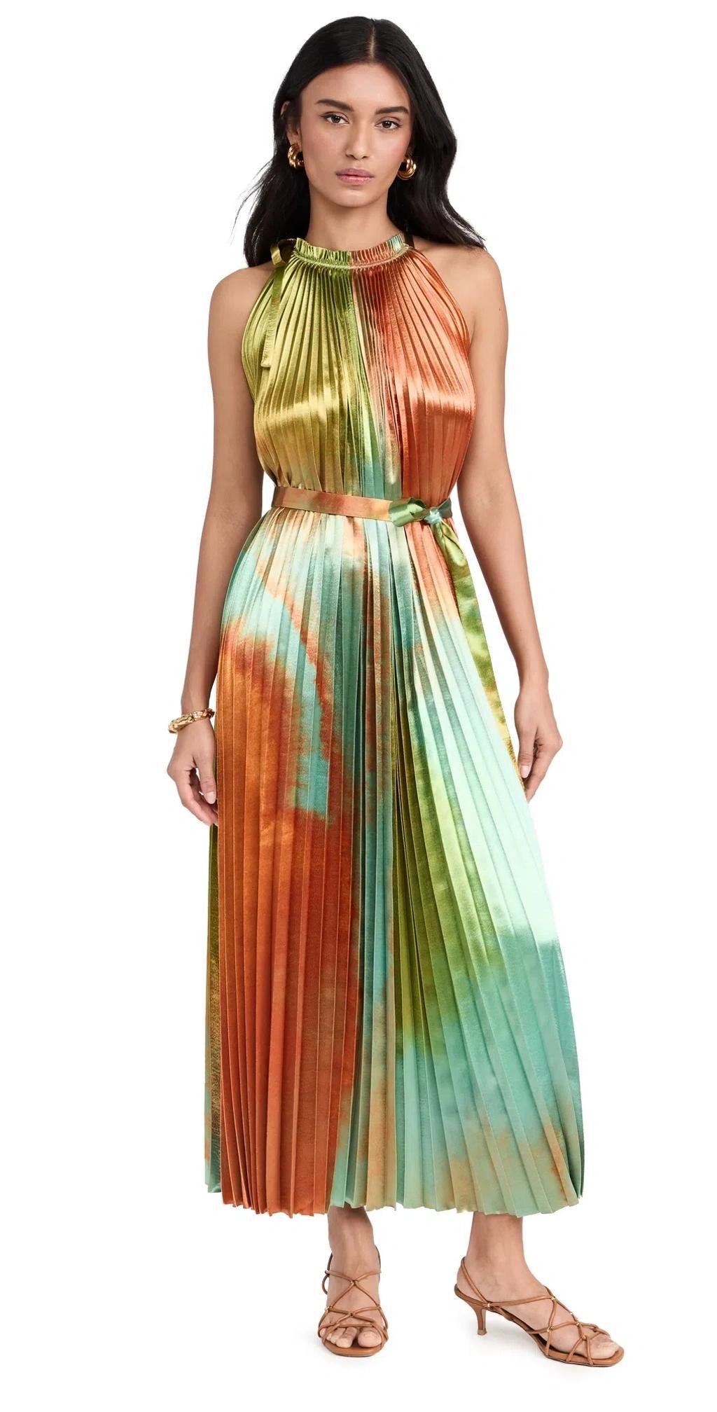 Amiko Shiny Ombre-print Sleeveless Halter Midi Dress In Desert Topaz Product Image