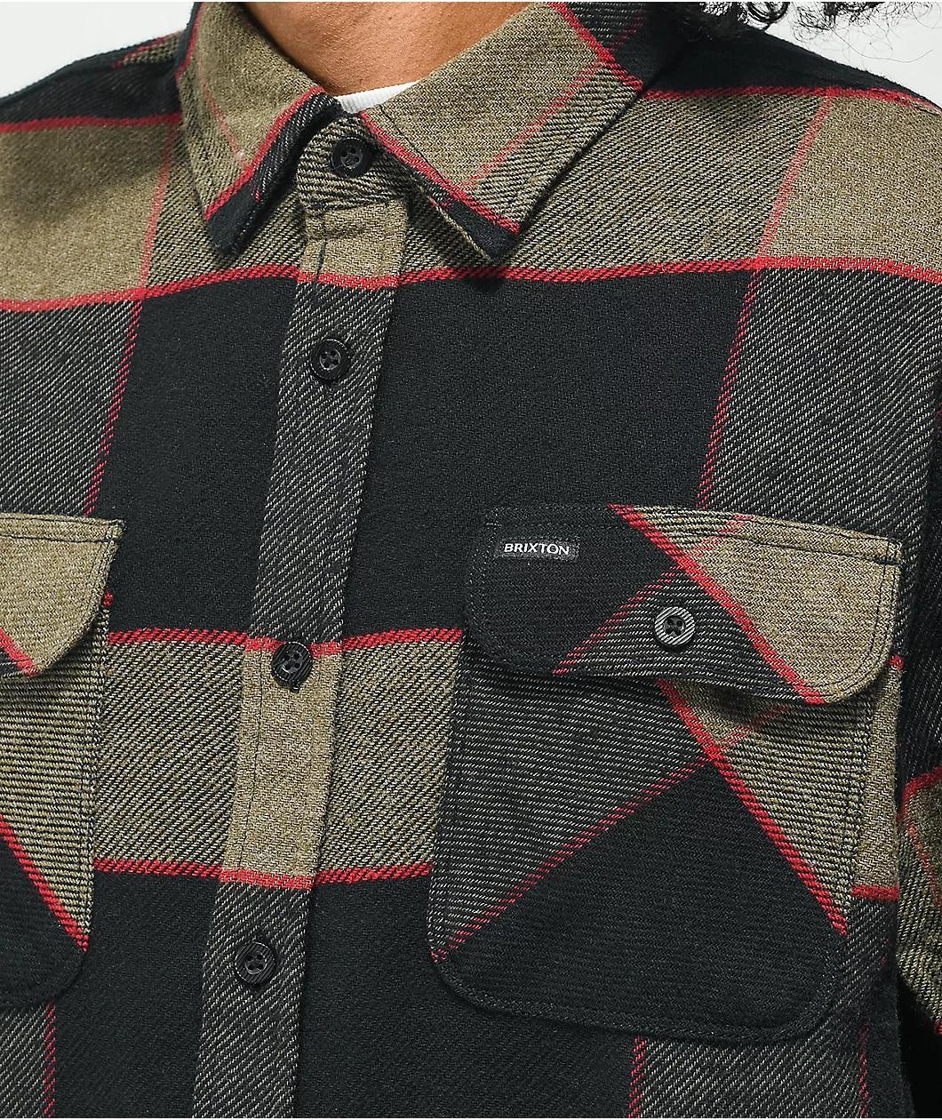 Brixton Bowery Brown, Grey, & Charcoal Plaid Flannel Shirt Product Image