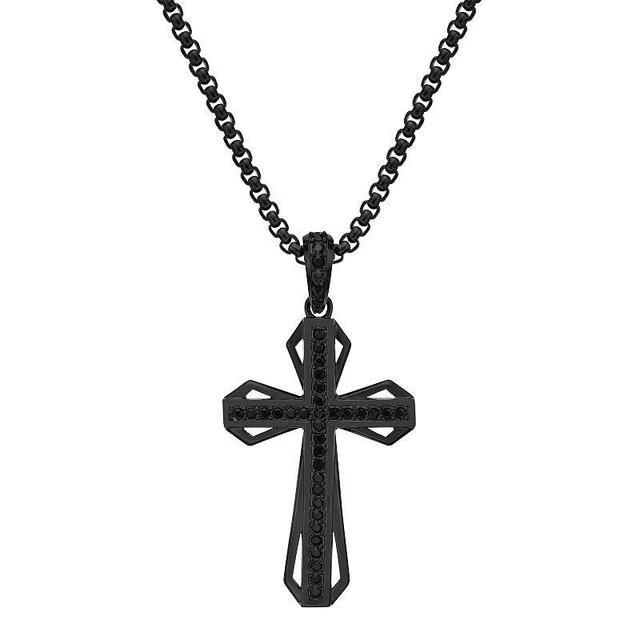 LYNX Mens Black Ion-Plated Stainless Steel Black Cubic Zirconia Cross Pendant Necklace Product Image