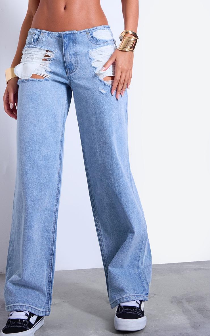 Light Blue Distressed Pocket Detail Straight Leg Jeans Product Image