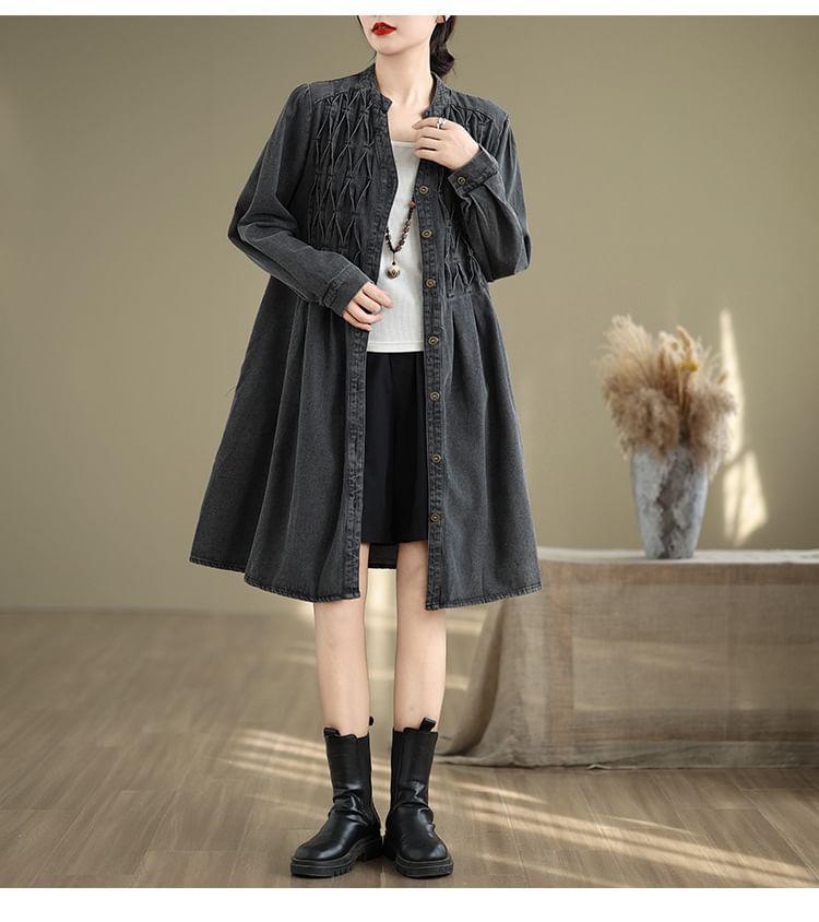 Long Sleeve Stand Collar Loose Denim Shirt Dress Product Image