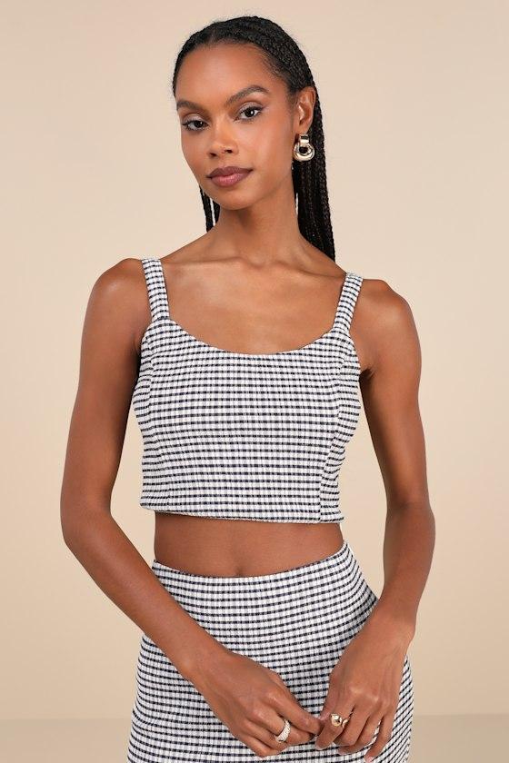 Classic Choice Navy Blue Gingham Square Neck Cropped Tank Top Product Image