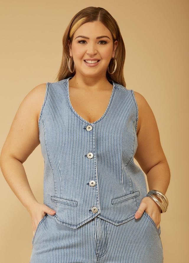 Plus Size Pinstriped Denim Vest Ashley Stewart Product Image