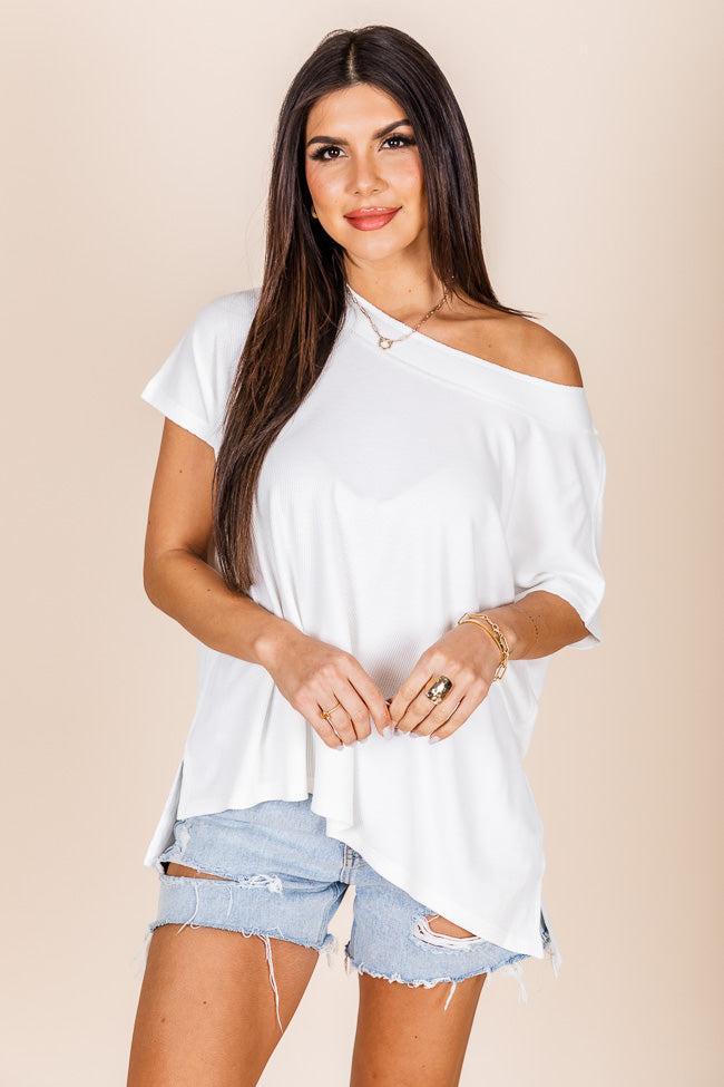 So Delightful Ivory Boat Neck Waffle Tee Product Image