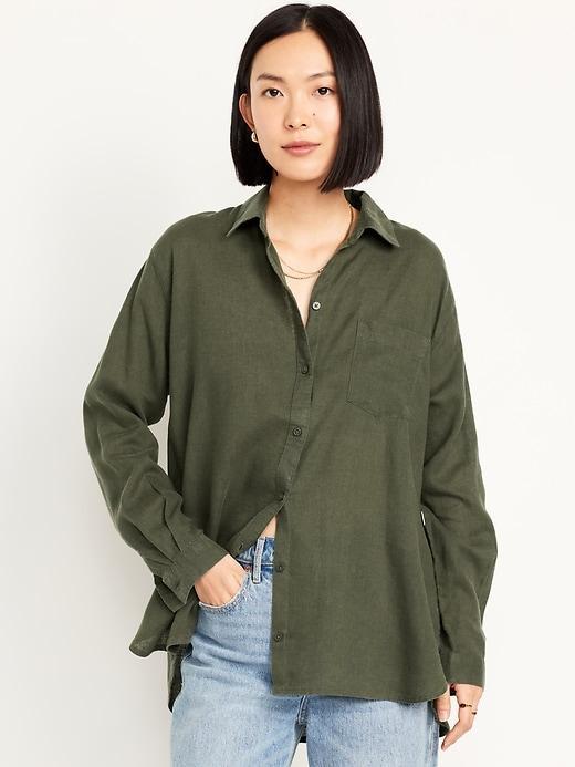 Linen-Blend Button-Down Boyfriend Shirt Product Image