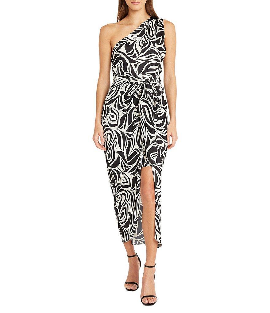 Donna Morgan Printed One Shoulder Sleeveless Tie Front Slit Midi Dress Product Image