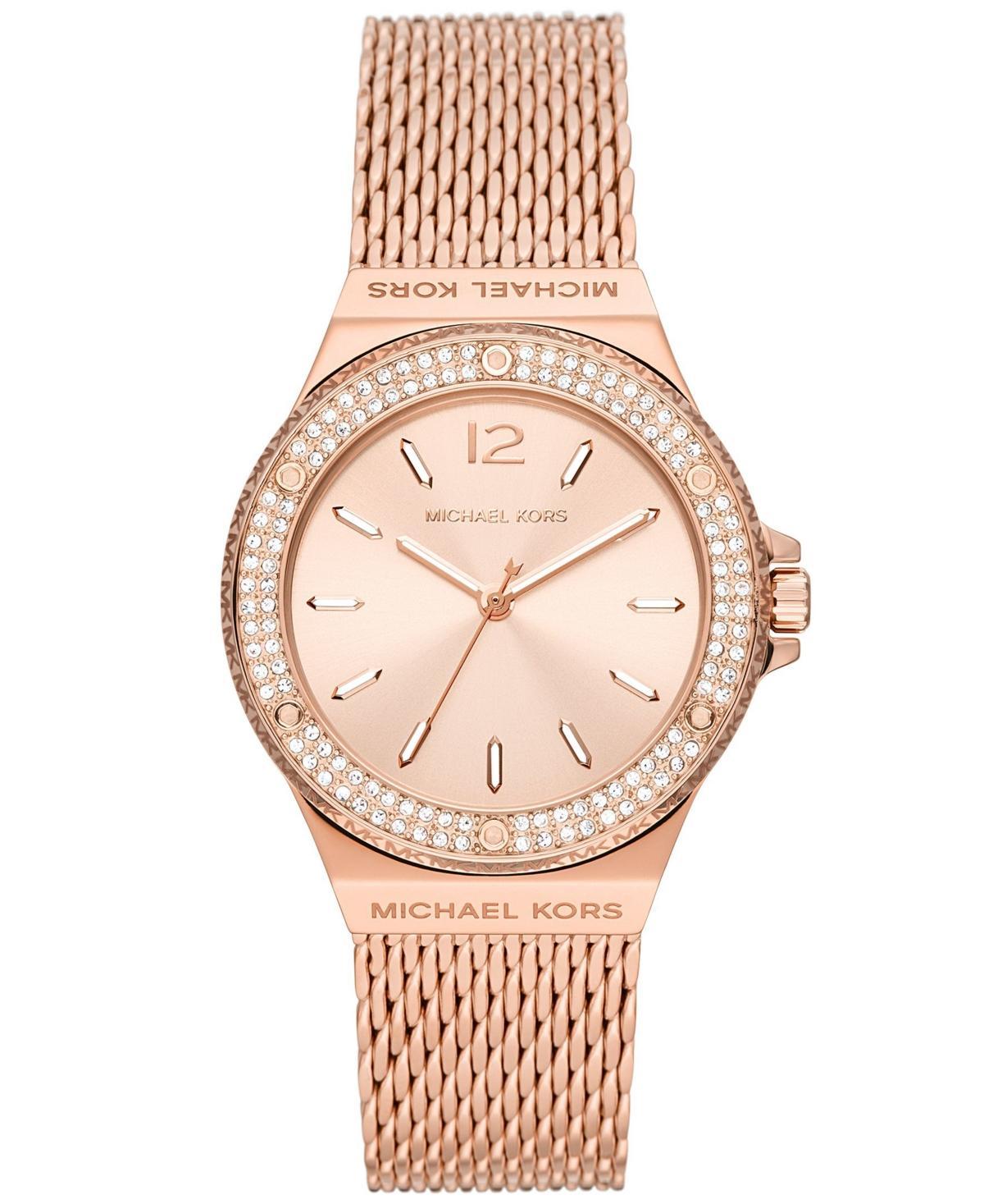 Michael Kors Womens Lennox Three-Hand Gold Stainless Steel Mesh Bracelet Watch Product Image