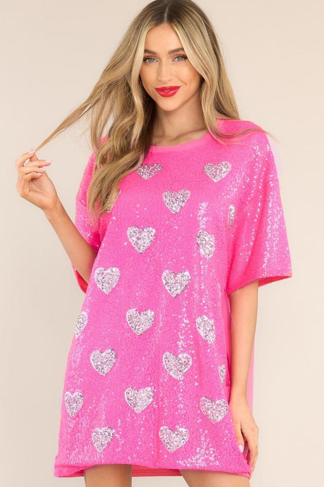 The Moment Hot Pink Sequin Heart Shirt Dress Product Image