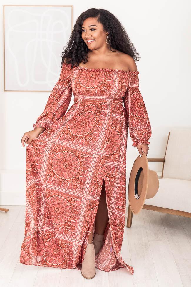 Sounds In My Mind Brick Smocked Bust Off The Shoulder Printed Maxi Dress Product Image