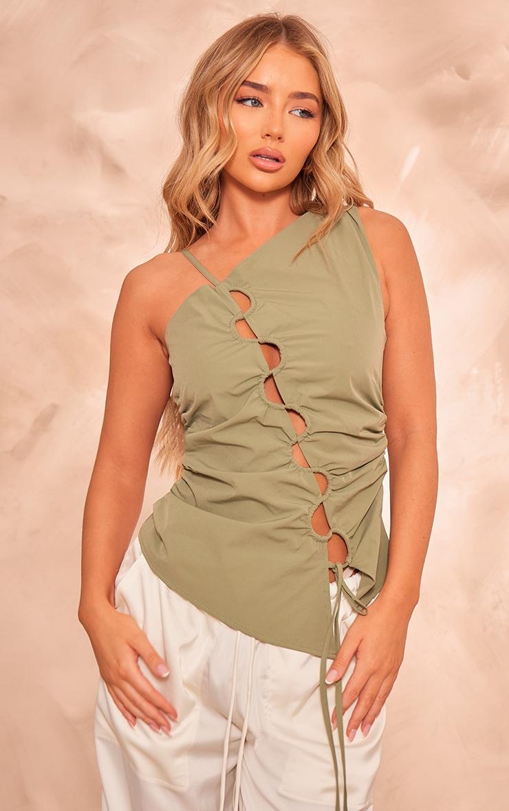 Sage Green Cut Out Lace Up One Shoulder Top Product Image