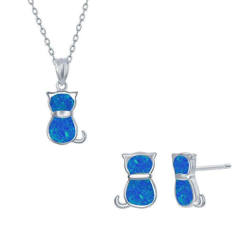 Sterling Silver Lab-Created Opal Cat Necklace & Earrings Set, Womens Blue Product Image