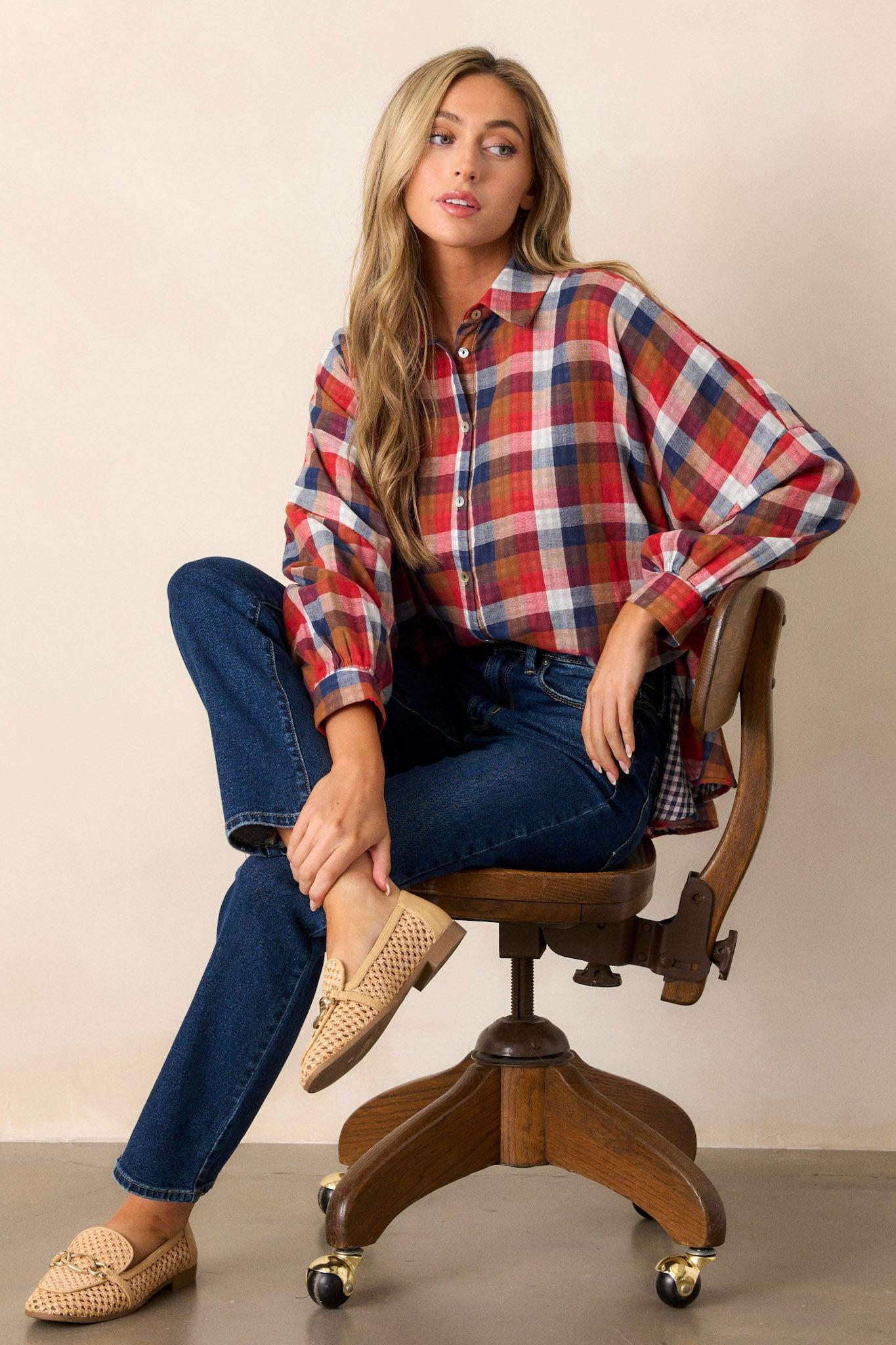 Doesn't Add Up Red Multi Plaid Top product image