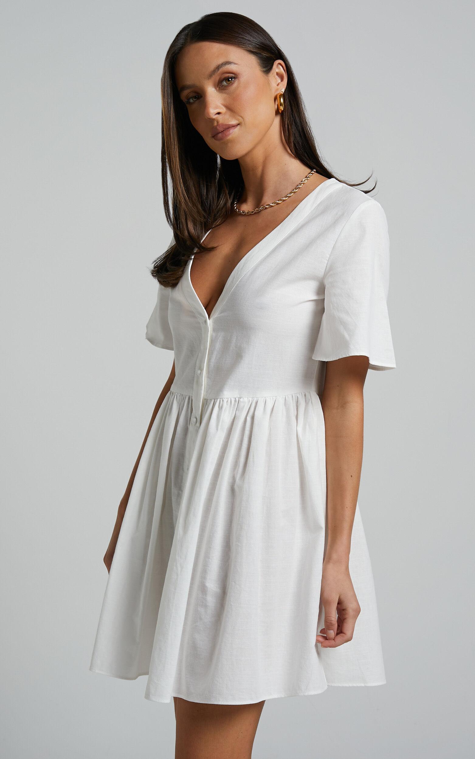 Staycation Mini Dress - Smock Button Up Dress in White Product Image