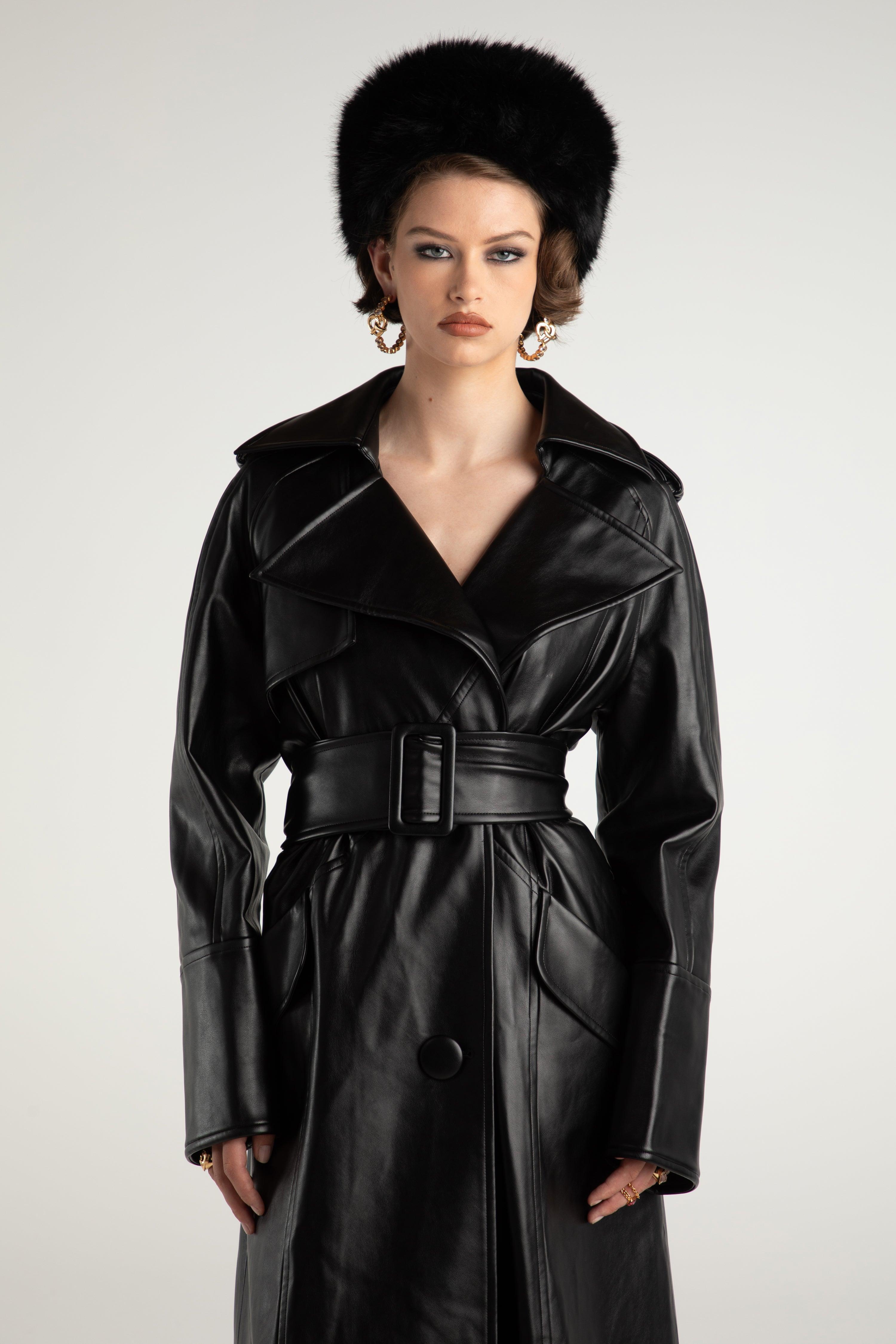 Cara Leather Trench Coat (Black) Product Image