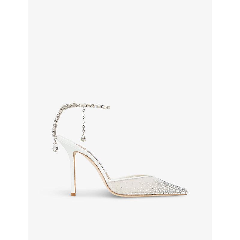 Saeda 100 Crystal-embellished Mesh Heeled Courts In White/crystal Product Image