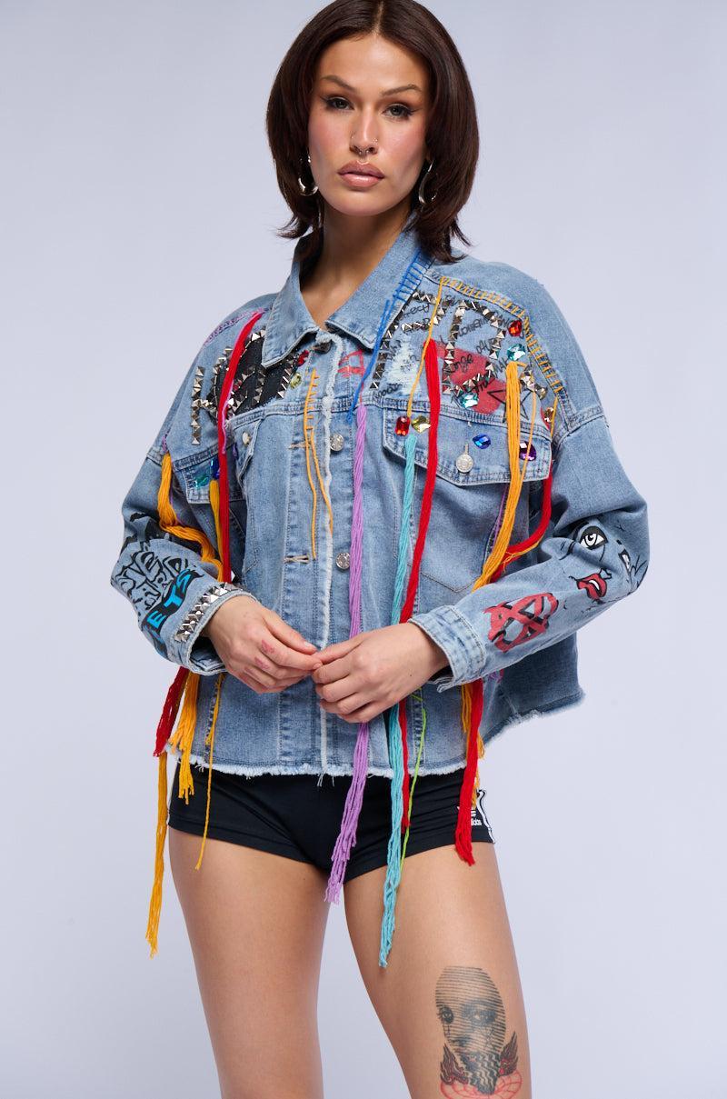 LOST IN THE CITY STUDDED YARN APPLIQUE DENIM JACKET Product Image