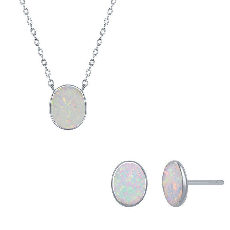 Sterling Silver Lab-Created Opal Disc Pendant Necklace & Earrings Set, Womens White Product Image