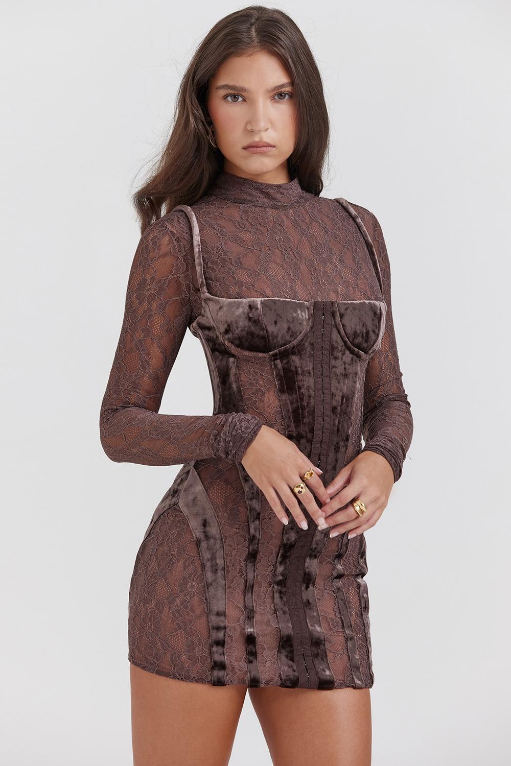 Marica Brown Velvet & Lace Corset Dress Product Image