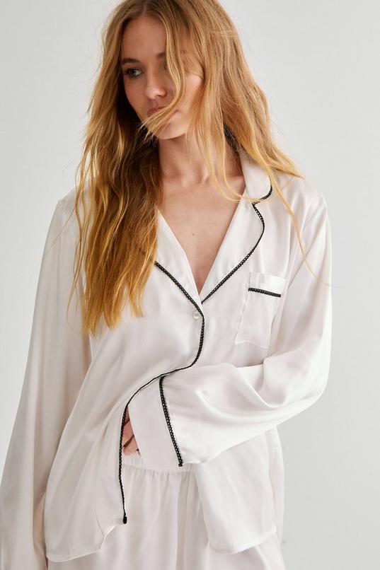 Satin Contrast Picot Trim Shirt And Shorts Pajama Set Product Image