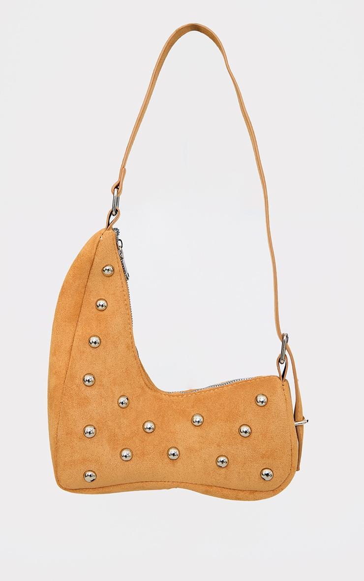 Camel Faux Suede Silver Studded Abstract Shoulder Bag Product Image