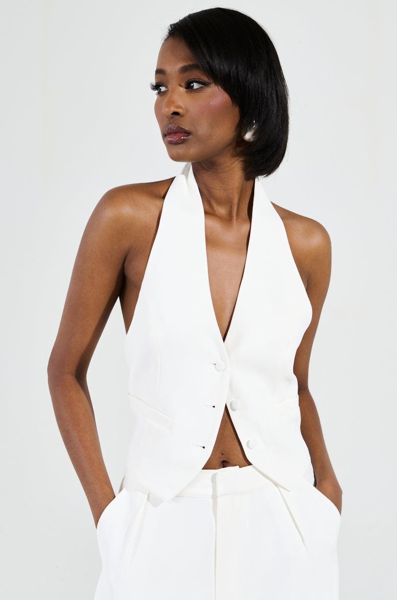 AMBROSIA CROPPED HALTER VEST IN WHITE Product Image