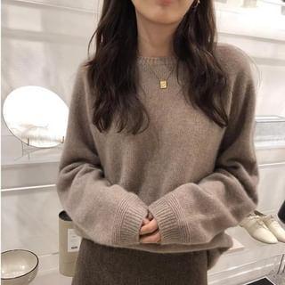 Long-Sleeve Round Neck Plain Sweater Product Image