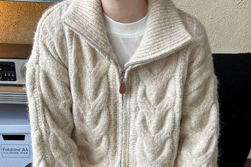 Drop Shoulder Plain Cable Knit Zip Up Cardigan Product Image