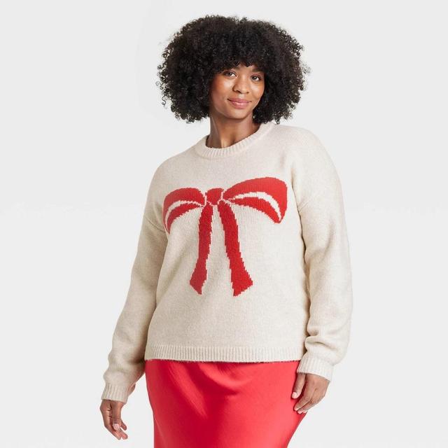 Womens Holiday Crewneck Pullover Sweater - A New Day Oatmeal Bow XXL Product Image