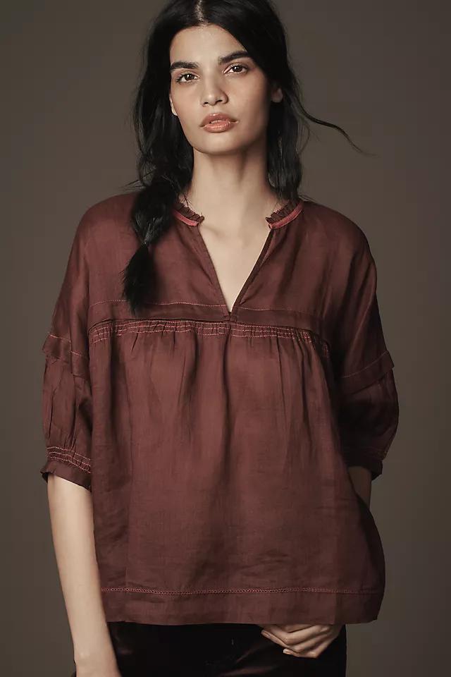 Maeve Balloon-Sleeve V-Neck Stitched Blouse Product Image