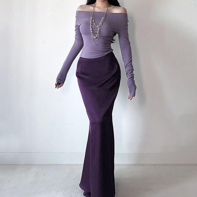 Set: Long-Sleeve Off Shoulder Top + High Rise Maxi Mermaid Skirt Product Image