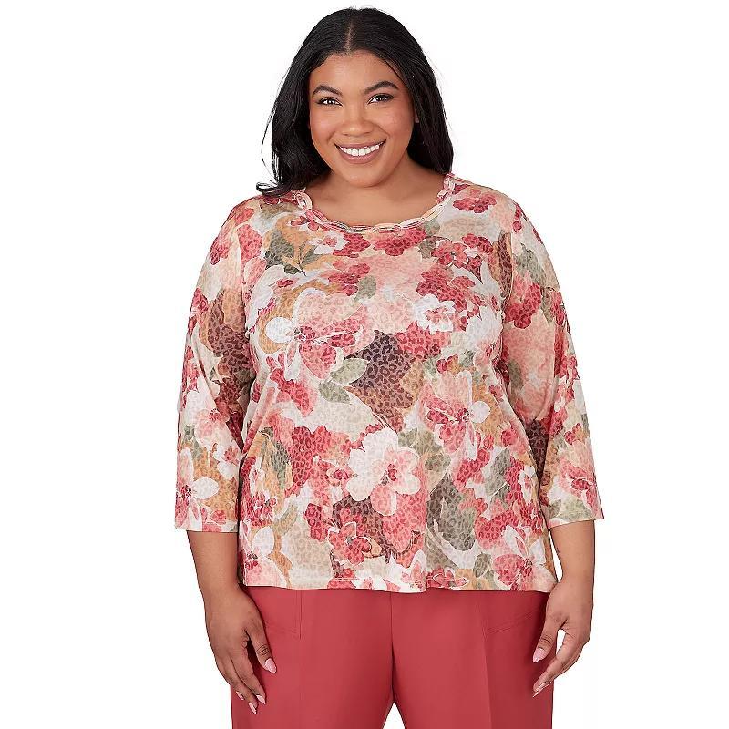 Plus Size Alfred Dunner Watercolor Print Knotted Crewneck 3/4-Sleeve Top, Womens Product Image